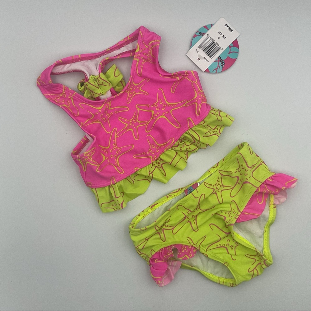 2 Piece Bikini Swim Bathing Suit Bright Yellow Pink Mermaid Neon Bow Ruffles 4T